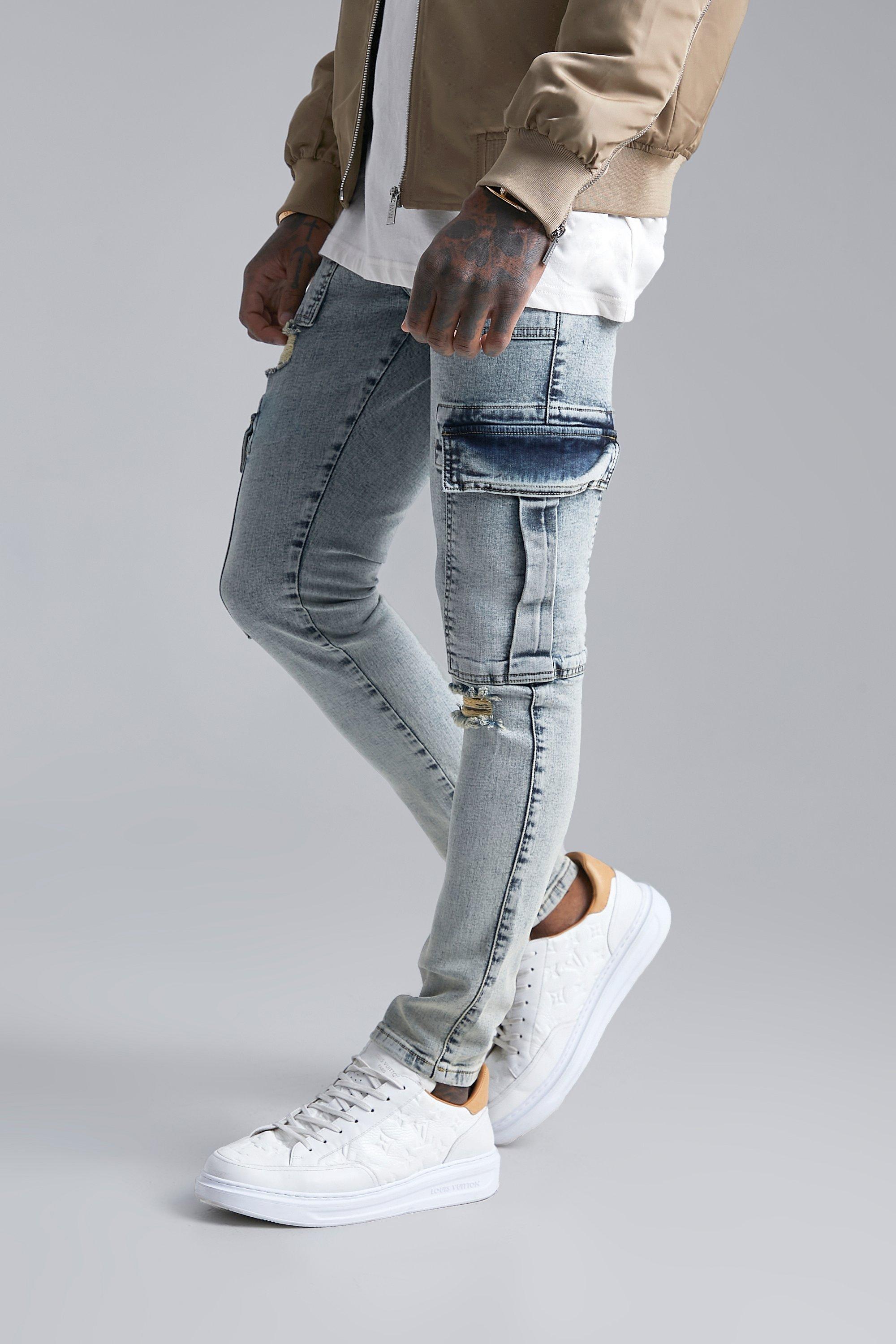Mens Blue Skinny Stretch Distressed Cargo Jeans, Blue